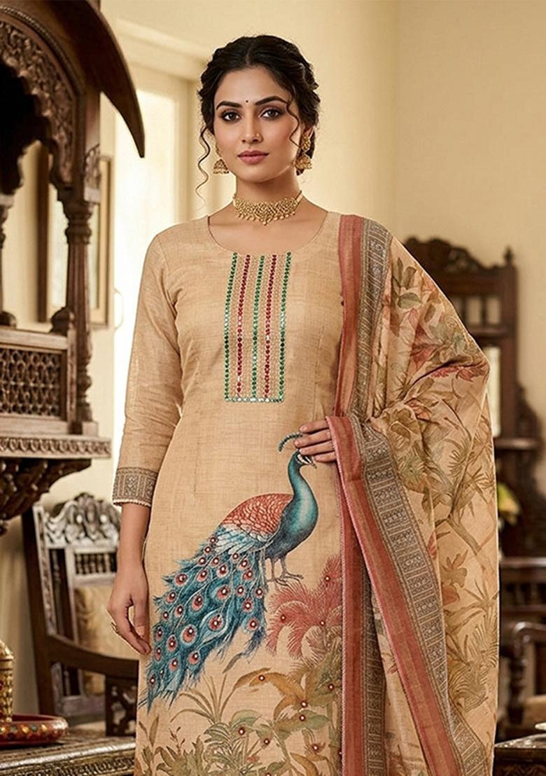 Brown Printed Cotton Kurta Set - Indya