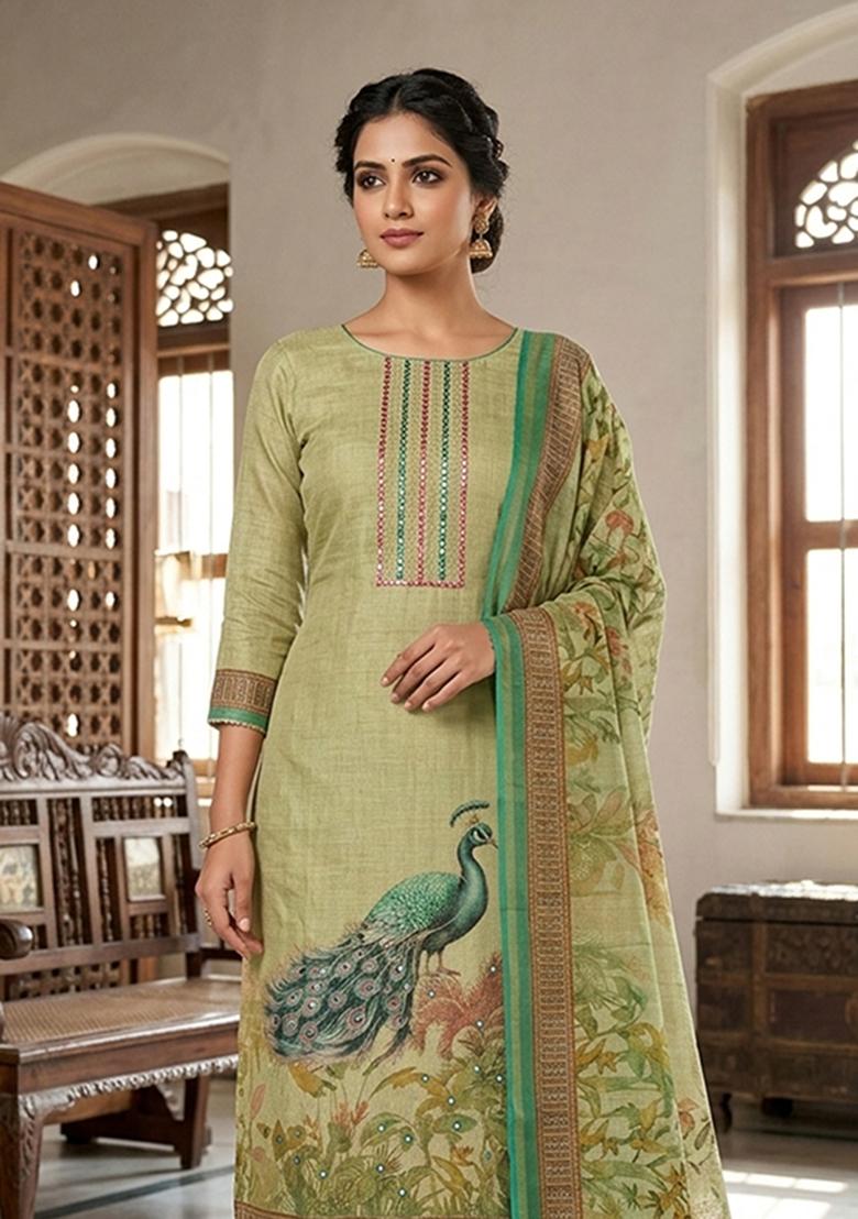 Green Printed Cotton Kurta Set - Indya