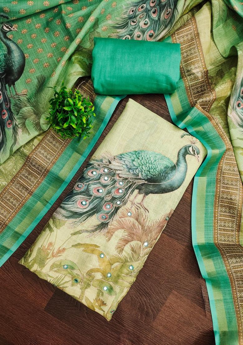 Green Printed Cotton Kurta Set - Indya