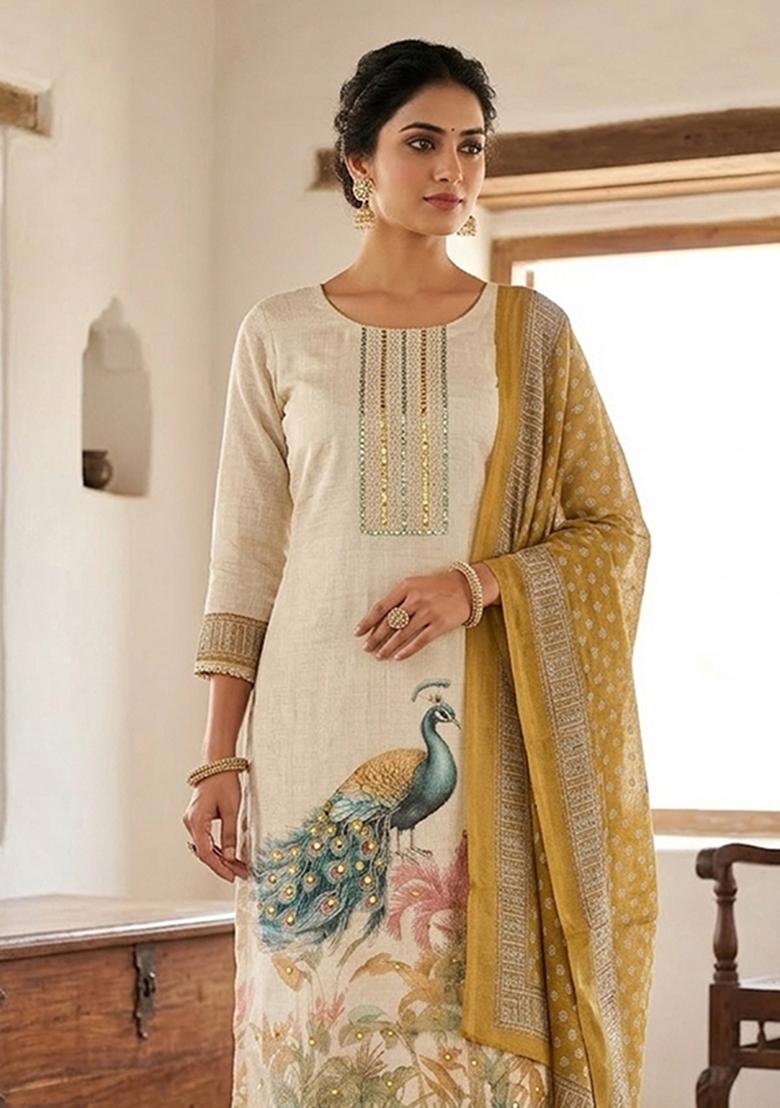 Mustard Printed Cotton Kurta Set - Indya
