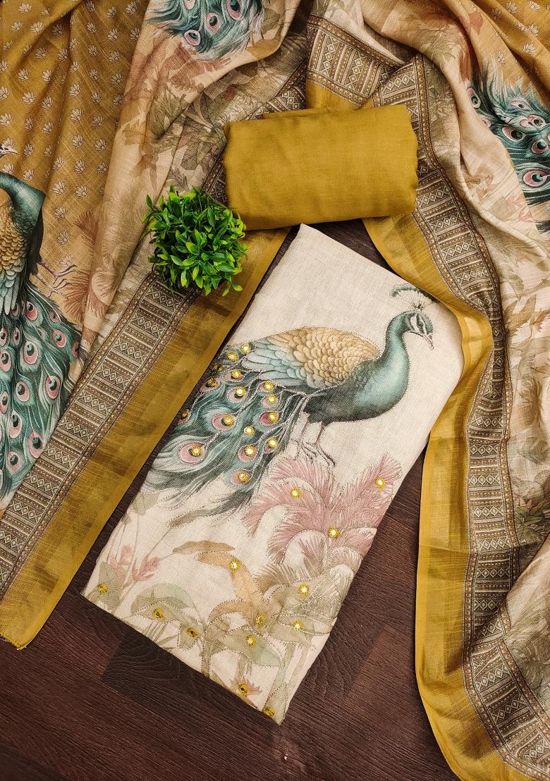 Mustard Printed Cotton Kurta Set - Indya