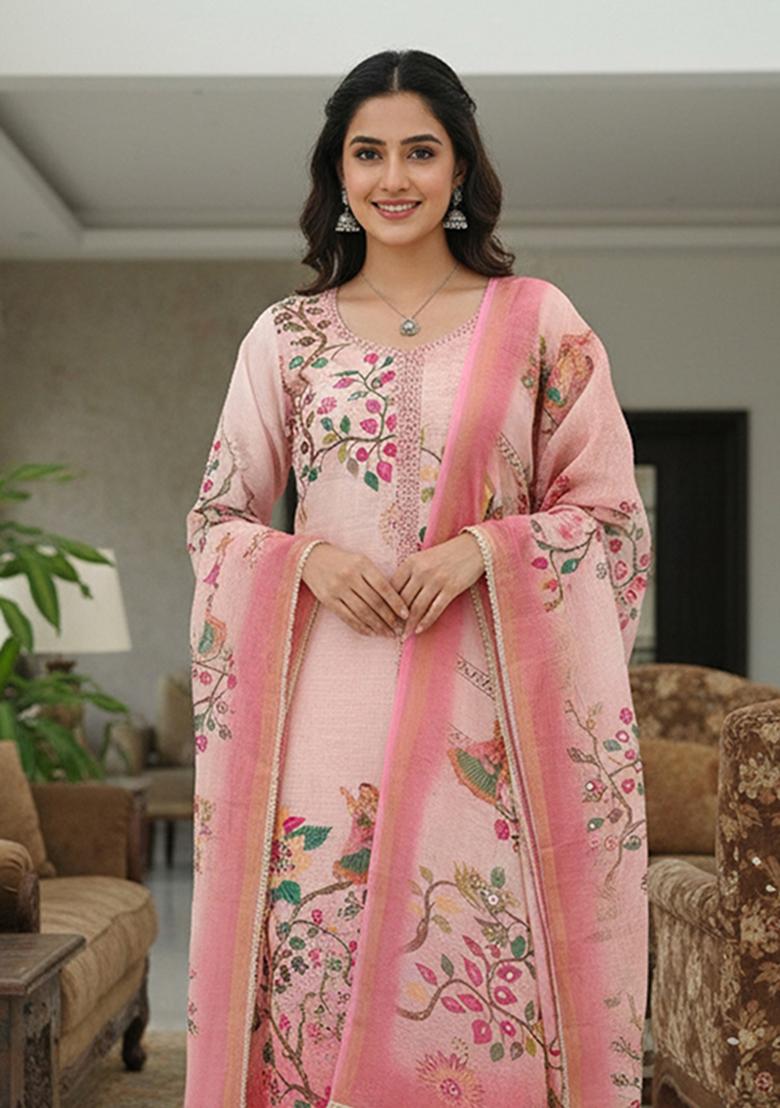 Pink Printed Cotton Kurta Set - Indya