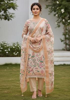 Peach Printed Cotton Kurta Set