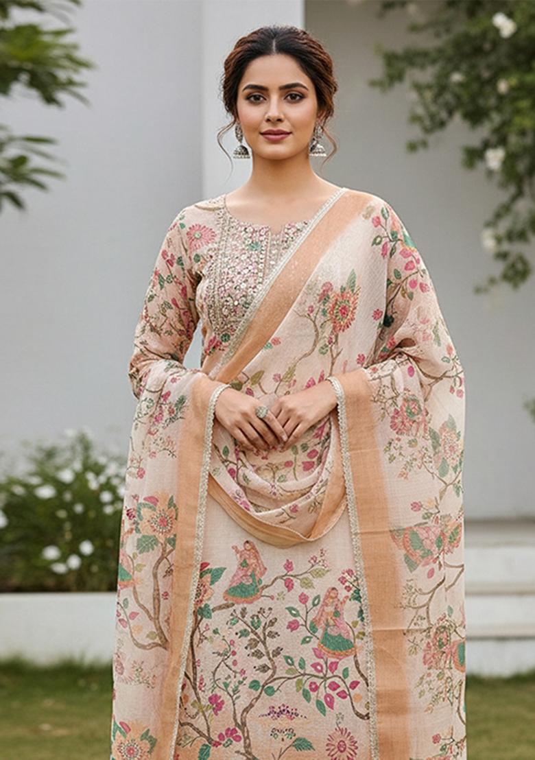 Peach Printed Cotton Kurta Set - Indya