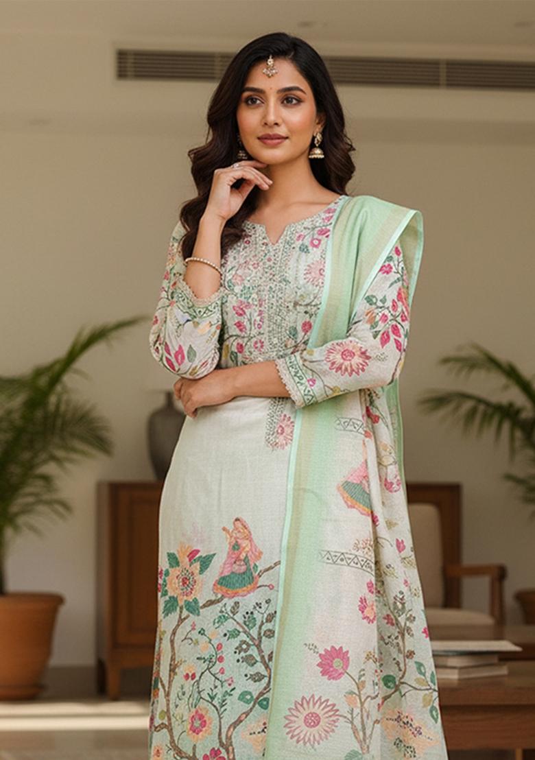 Sea Green Printed Cotton Kurta Set - Indya