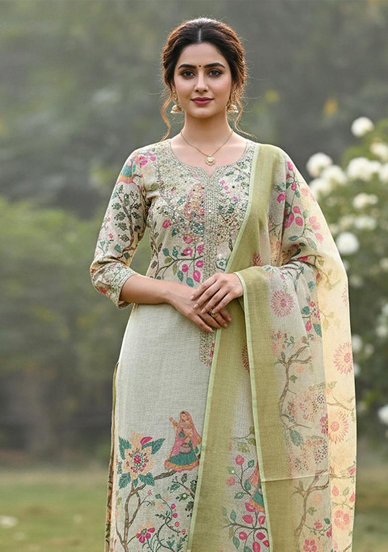 Green Printed Cotton Kurta Set - Indya