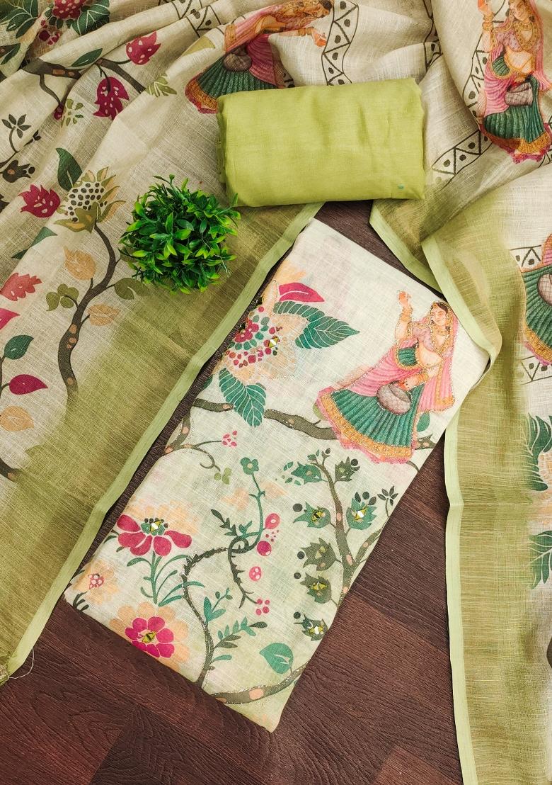 Green Printed Cotton Kurta Set - Indya
