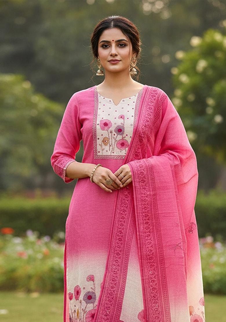 Pink Printed Cotton Kurta Set - Indya