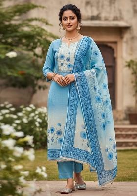 Blue Printed Cotton Kurta Set