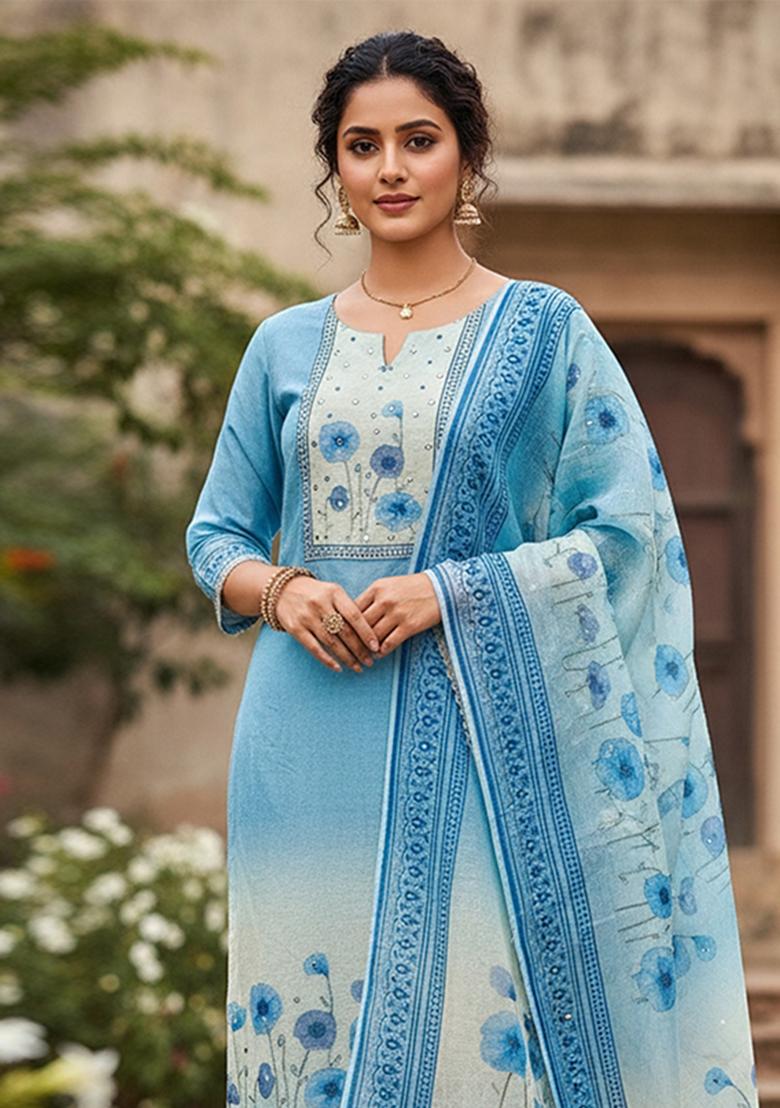 Blue Printed Cotton Kurta Set - Indya
