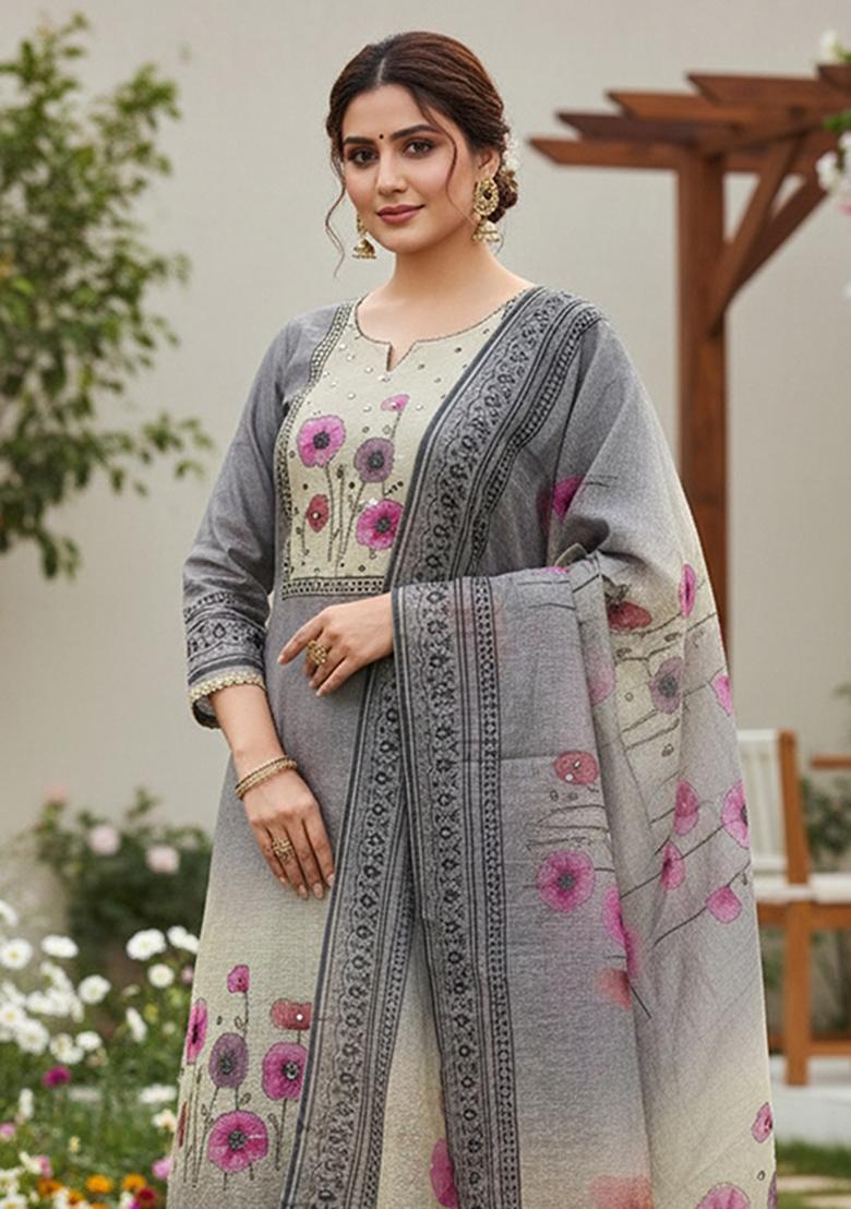 Grey Printed Cotton Kurta Set - Indya