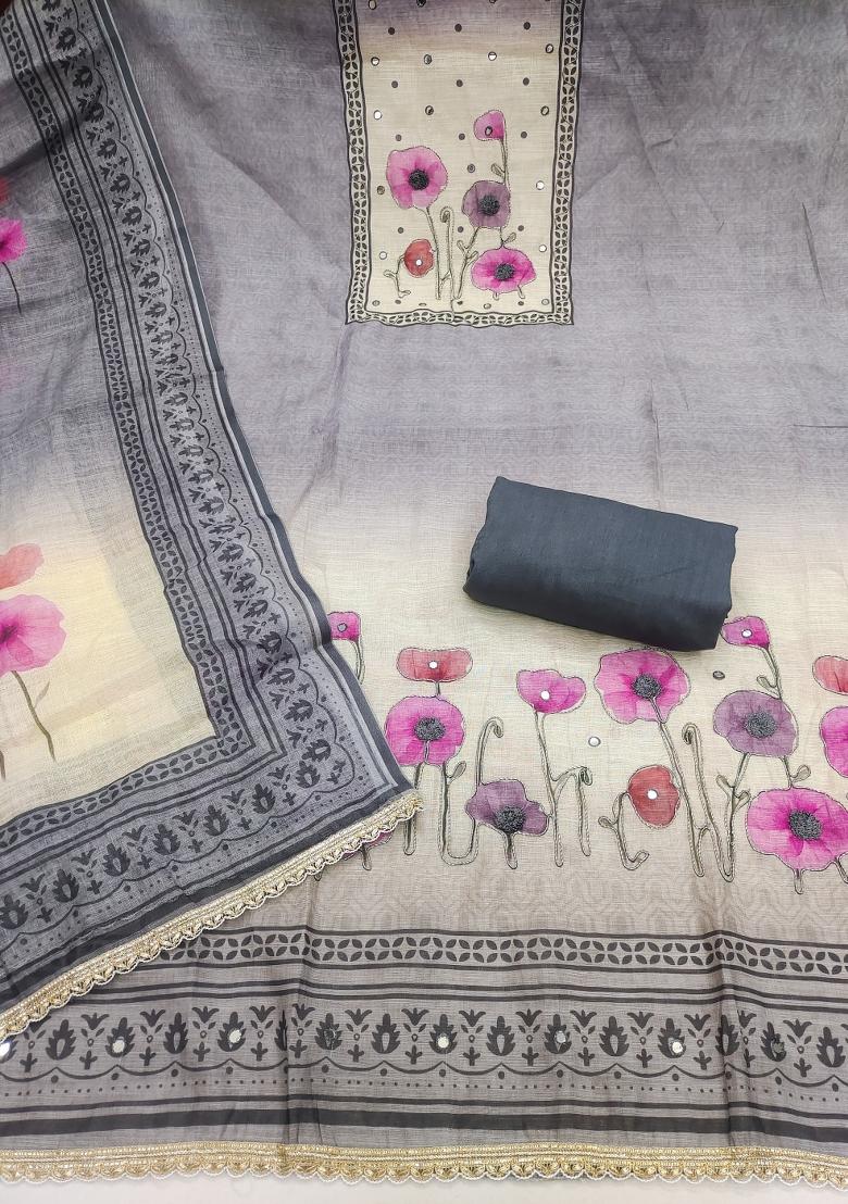 Grey Printed Cotton Kurta Set - Indya