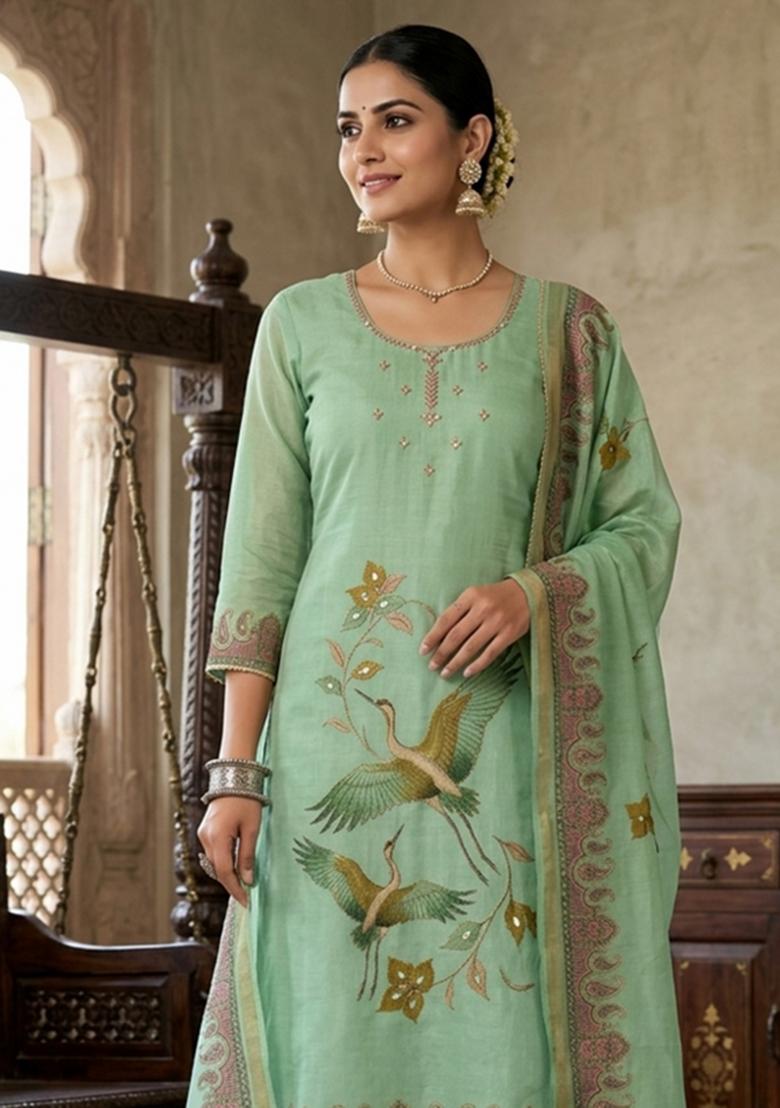Green Printed Cotton Kurta Set - Indya