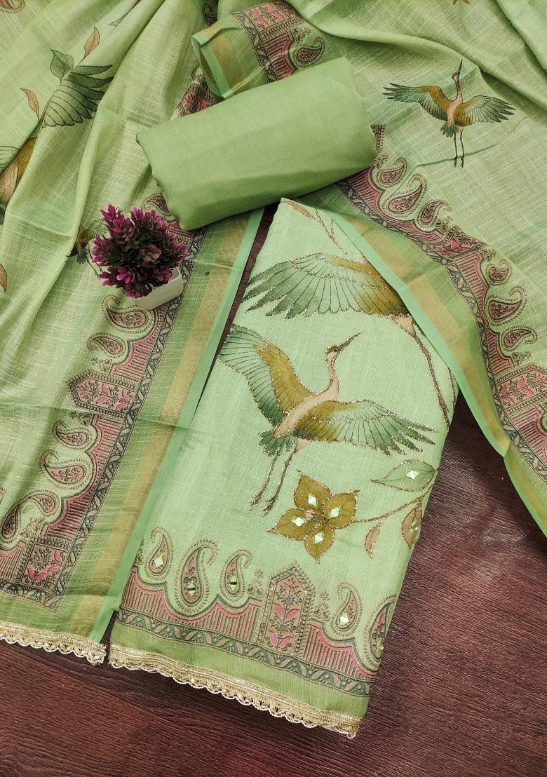Green Printed Cotton Kurta Set - Indya