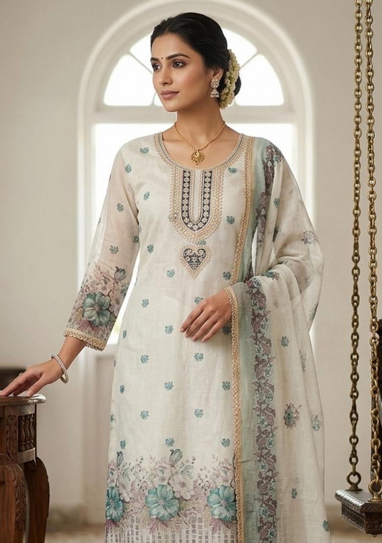 Off White Printed Cotton Kurta Set - Indya