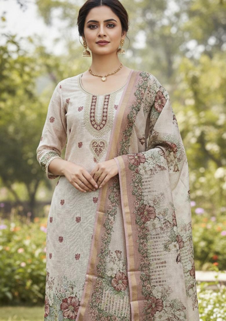 Off White Printed Cotton Kurta Set - Indya