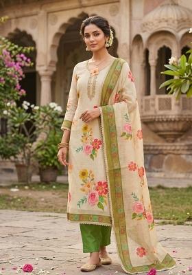 Off White Printed Cotton Kurta Set