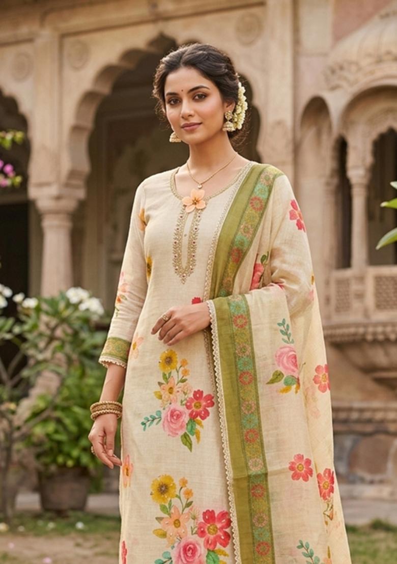 Off White Printed Cotton Kurta Set - Indya