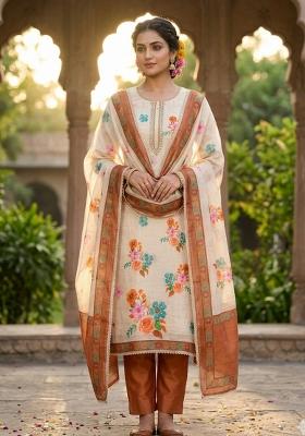Off White Printed Cotton Kurta Set