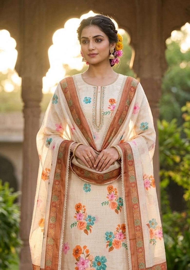 Off White Printed Cotton Kurta Set - Indya