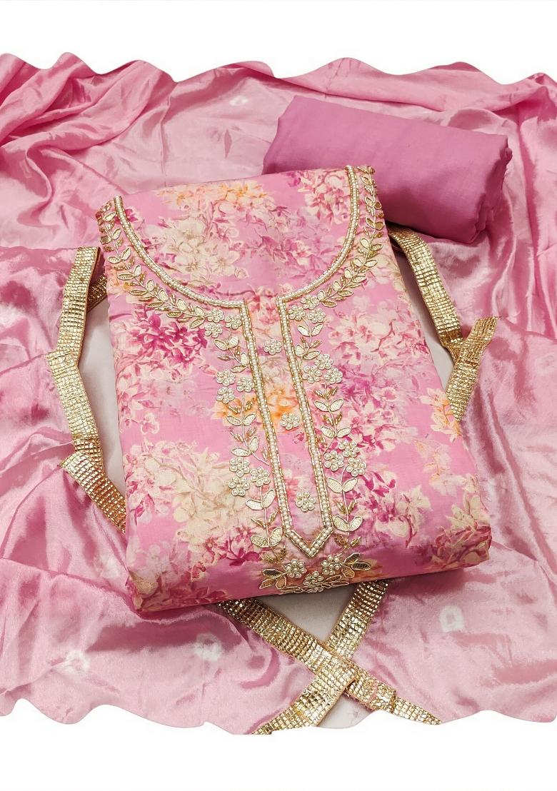 Pink Printed Silk Kurta Set - Indya