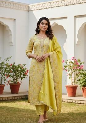 Yellow Printed Silk Kurta Set