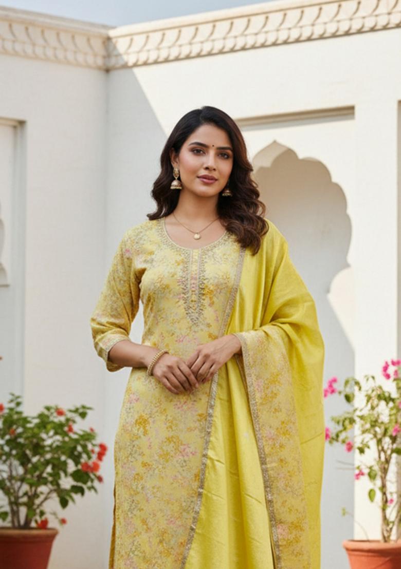 Yellow Printed Silk Kurta Set - Indya