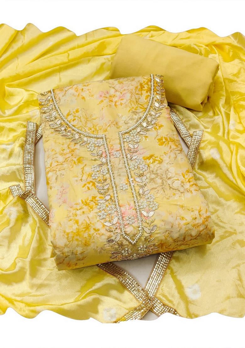 Yellow Printed Silk Kurta Set - Indya