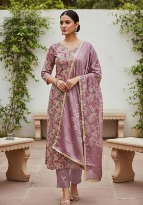 Purple Printed Silk Kurta Set