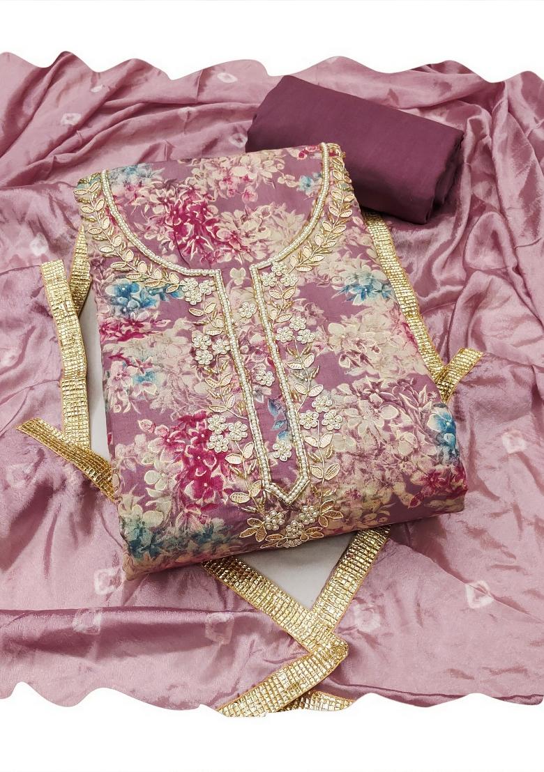 Purple Printed Silk Kurta Set - Indya