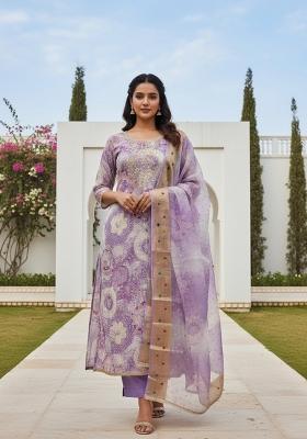 Lavender Printed Silk Kurta Set