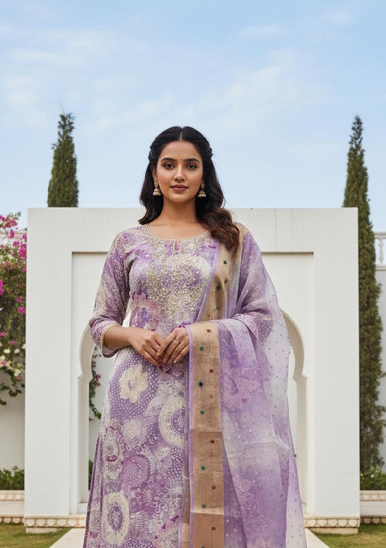Lavender Printed Silk Kurta Set - Indya