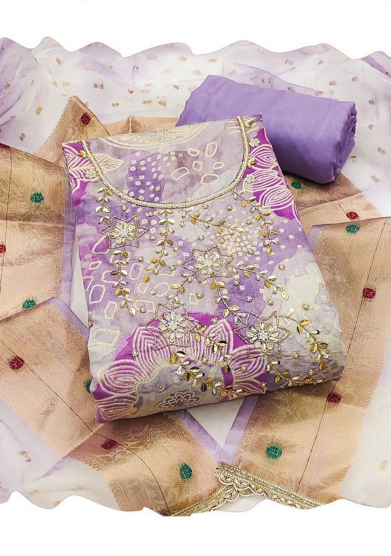 Lavender Printed Silk Kurta Set - Indya