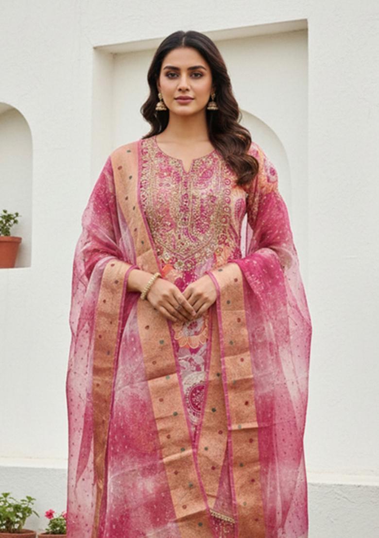 Pink Printed Silk Kurta Set - Indya
