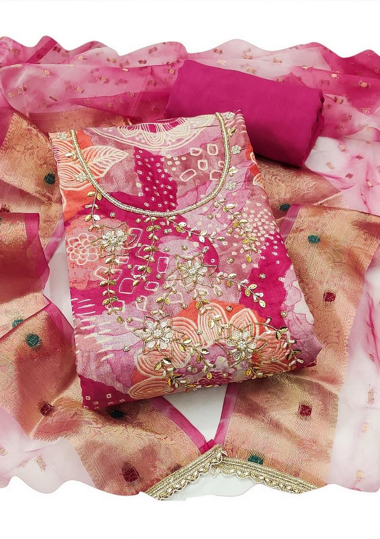 Pink Printed Silk Kurta Set - Indya