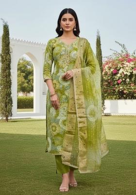 Green Printed Silk Kurta Set
