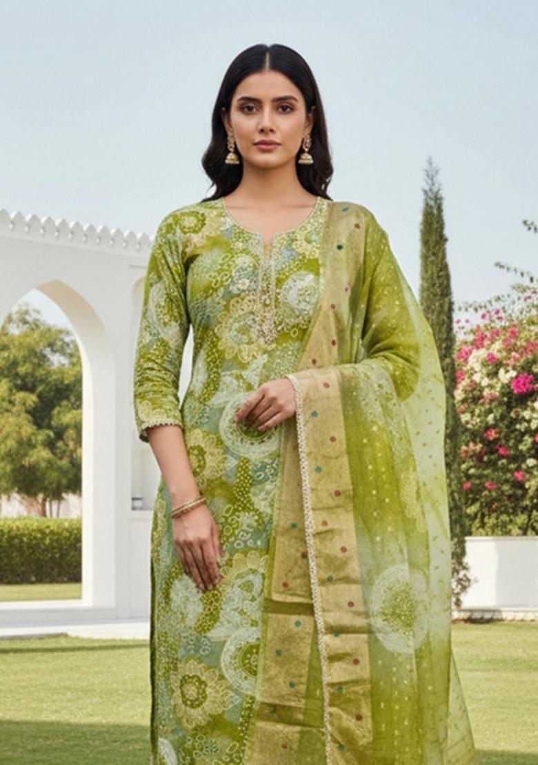 Green Printed Silk Kurta Set - Indya