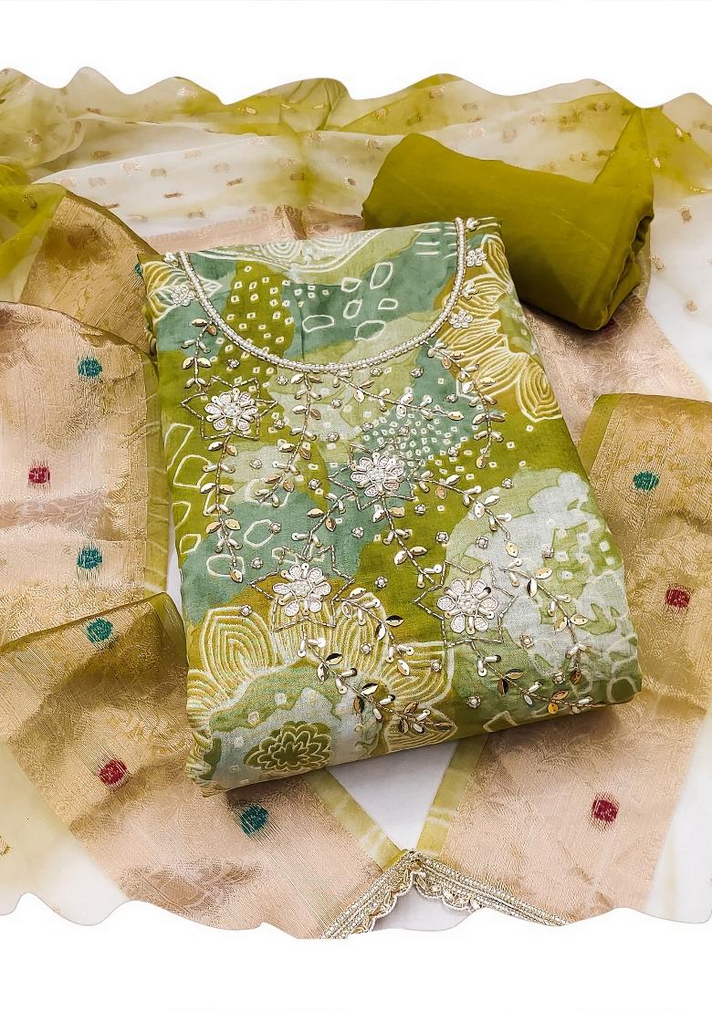 Green Printed Silk Kurta Set - Indya