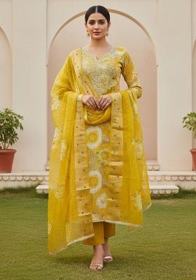 Yellow Printed Silk Kurta Set