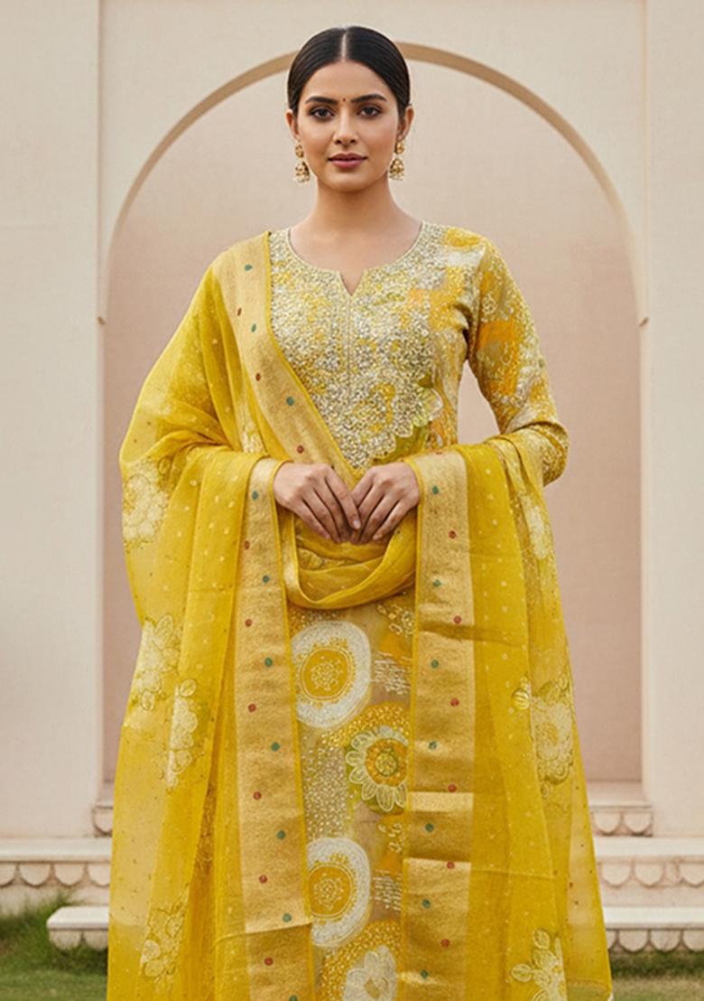 Yellow Printed Silk Kurta Set - Indya