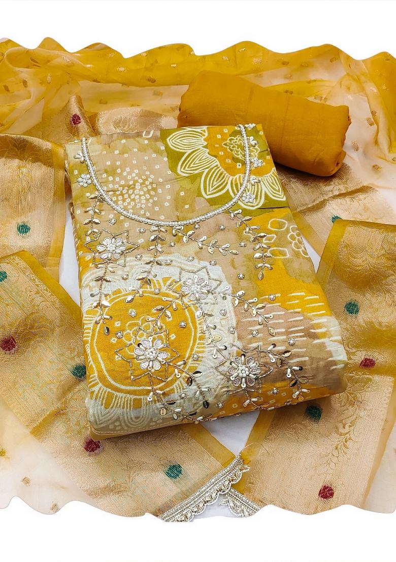 Yellow Printed Silk Kurta Set - Indya