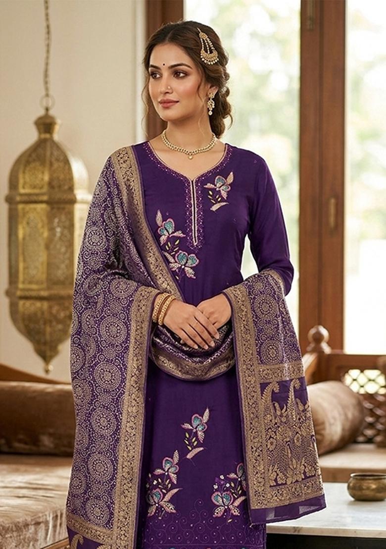 Purple Printed Viscose Kurta Set - Indya