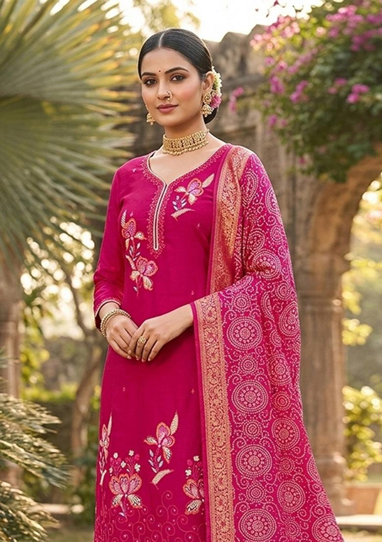 Pink Printed Viscose Kurta Set - Indya