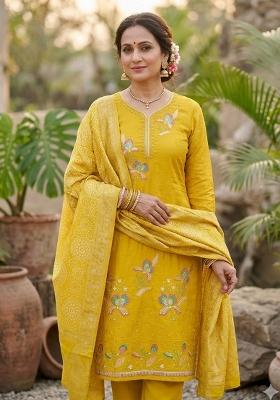 Yellow Printed Viscose Kurta Set