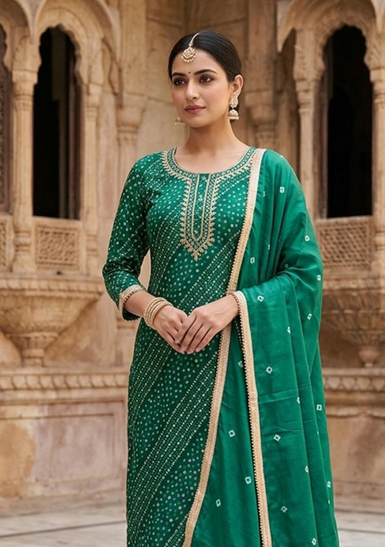 Green Printed Cotton Kurta Set - Indya