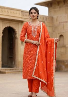 Orange Printed Cotton Kurta Set