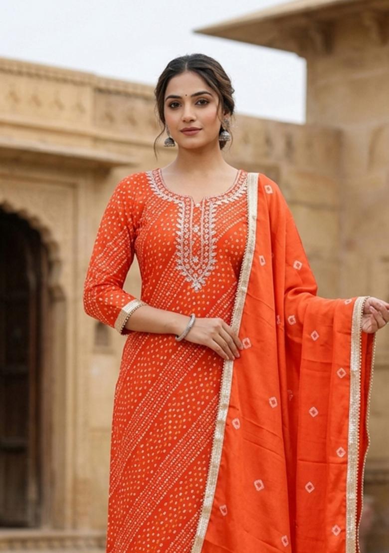 Orange Printed Cotton Kurta Set - Indya
