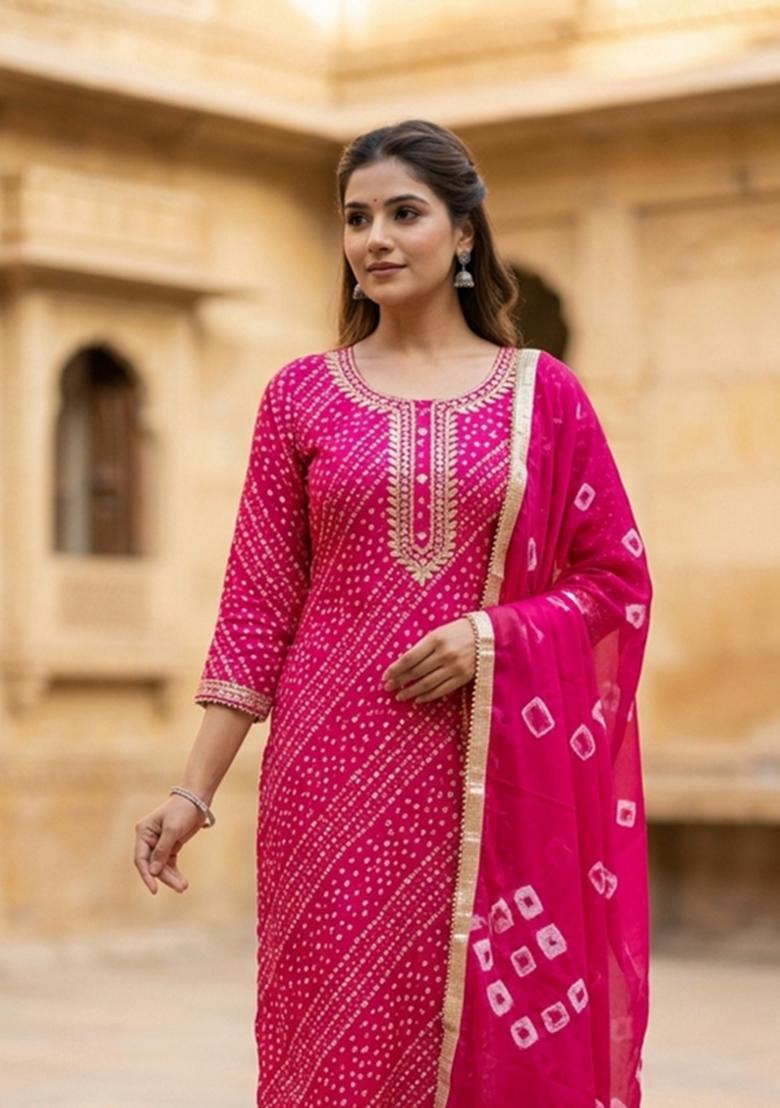 Pink Printed Cotton Kurta Set - Indya