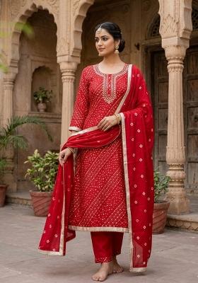 Red Printed Cotton Kurta Set