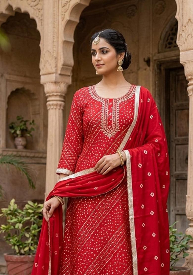 Red Printed Cotton Kurta Set - Indya